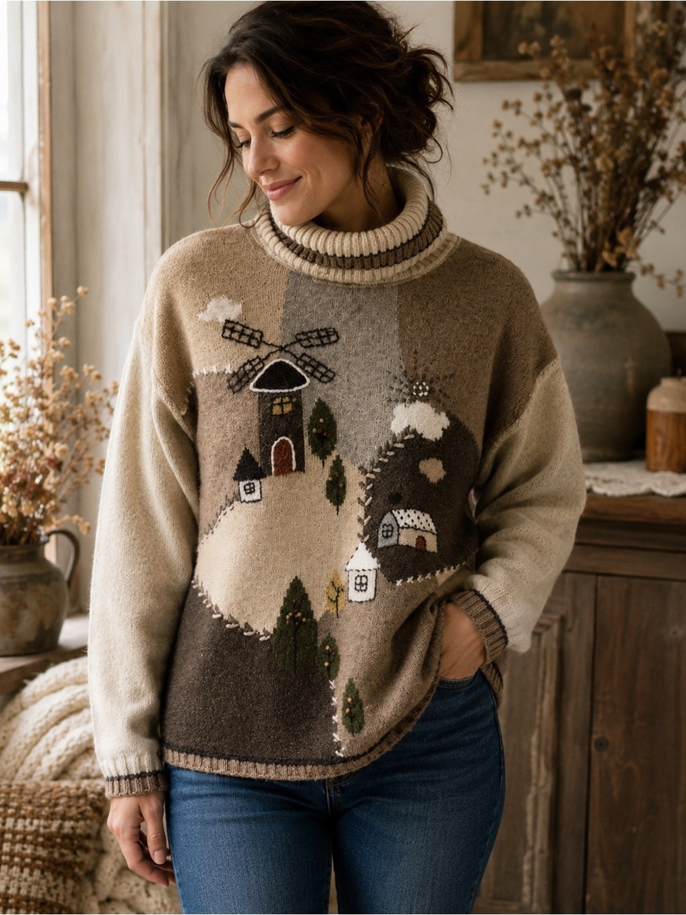Franco Valeri Vintage Merino Wool Whimsical Windmill Sweater